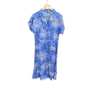 Bungalow Brand Shirt Maxi Dress Short Sleeve Button Front Floral Blue Size 16